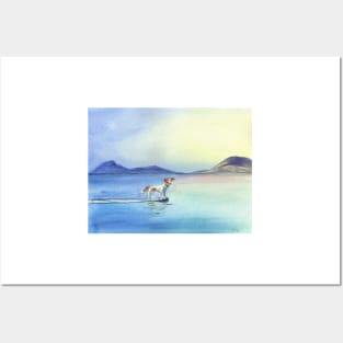 Dog on Surfboard Watercolor Painting Posters and Art